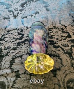 Vaseline Art Glass 12 inch Tall Blue Swirls, Bubbles Gorgeous Whitehurst Vase