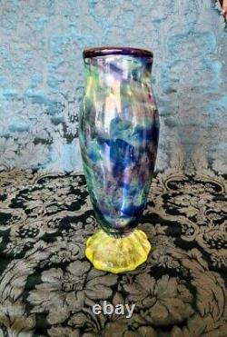 Vaseline Art Glass 12 inch Tall Blue Swirls, Bubbles Gorgeous Whitehurst Vase