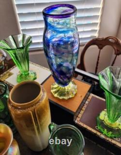Vaseline Art Glass 12 inch Tall Blue Swirls, Bubbles Gorgeous Whitehurst Vase