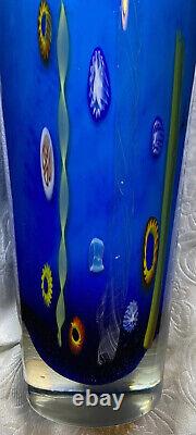 Venetian Blue Murano Italy Blown Art Glass Millefiori Vase By Dino Marten 11.5