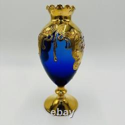 Venetian Italian Cobalt Blue Gold Glass Ruffle Footed Vase Floral Applique