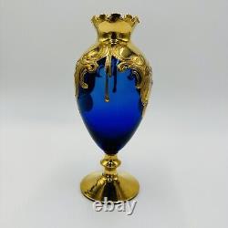 Venetian Italian Vase Cobalt Blue Ruffle Footed Gold Glass Floral Applique