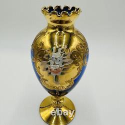 Venetian Italian Vase Cobalt Blue Ruffle Footed Gold Glass Floral Applique