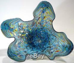 Very Large 18 Hand Blown Glass Art Fluted Bowl Vase Blue Purple Red Aqua Gold