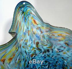 Very Large 18 Hand Blown Glass Art Fluted Bowl Vase Blue Purple Red Aqua Gold