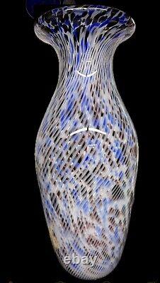 Very Large Murano Art Glass Vase Blue & Red, Gray Swirls 15 Tall