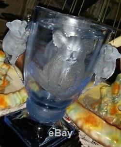 Very Rare Art Deco Blue Frosted Koalas Clear Vase on Stand with Flower Frog