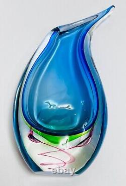 Vibrant Murano Green, Blue & Pink Art Glass Teardrop Vase