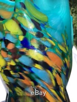 Vibrant Vintage Aqua Green Blue Murano End Of Day Splatter Art Glass Vase Bowl