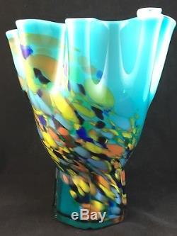 Vibrant Vintage Aqua Green Blue Murano End Of Day Splatter Art Glass Vase Bowl