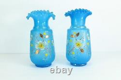 =Victorian 19/20th c. Blue Bristol Glass Vases Pair Ruffled Tops Gilt Flowers