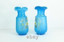 =Victorian 19/20th c. Blue Bristol Glass Vases Pair Ruffled Tops Gilt Flowers