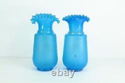 =Victorian 19/20th c. Blue Bristol Glass Vases Pair Ruffled Tops Gilt Flowers