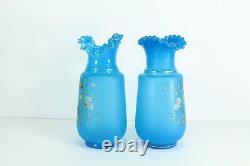 =Victorian 19/20th c. Blue Bristol Glass Vases Pair Ruffled Tops Gilt Flowers