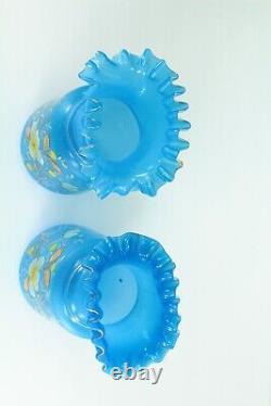 =Victorian 19/20th c. Blue Bristol Glass Vases Pair Ruffled Tops Gilt Flowers