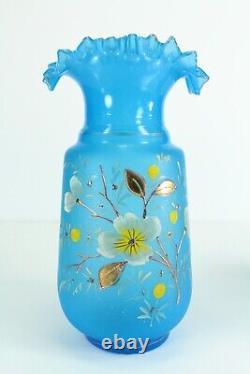 =Victorian 19/20th c. Blue Bristol Glass Vases Pair Ruffled Tops Gilt Flowers