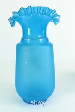 =Victorian 19/20th c. Blue Bristol Glass Vases Pair Ruffled Tops Gilt Flowers