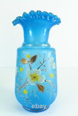 =Victorian 19/20th c. Blue Bristol Glass Vases Pair Ruffled Tops Gilt Flowers