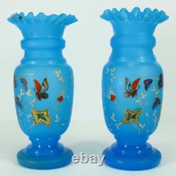 = Victorian 19th/20th c. Blue Bristol Glass Pair of Vases Ruffled Tops Butterfly