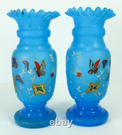 = Victorian 19th/20th c. Blue Bristol Glass Pair of Vases Ruffled Tops Butterfly