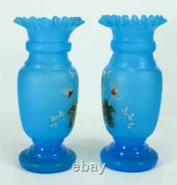 = Victorian 19th/20th c. Blue Bristol Glass Pair of Vases Ruffled Tops Butterfly