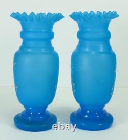 = Victorian 19th/20th c. Blue Bristol Glass Pair of Vases Ruffled Tops Butterfly