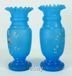 = Victorian 19th/20th c. Blue Bristol Glass Pair of Vases Ruffled Tops Butterfly