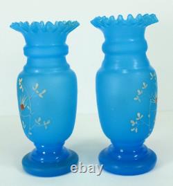 = Victorian 19th/20th c. Blue Bristol Glass Pair of Vases Ruffled Tops Butterfly