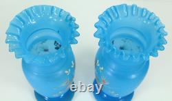 = Victorian 19th/20th c. Blue Bristol Glass Pair of Vases Ruffled Tops Butterfly