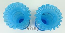 = Victorian 19th/20th c. Blue Bristol Glass Pair of Vases Ruffled Tops Butterfly