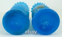 = Victorian 19th/20th c. Blue Bristol Glass Pair of Vases Ruffled Tops Butterfly