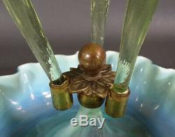 Victorian Aquamarine Opalescent Glass 3 Fluted Horn Trumpet Vase Ruffled Epergne