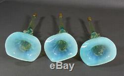 Victorian Aquamarine Opalescent Glass 3 Fluted Horn Trumpet Vase Ruffled Epergne