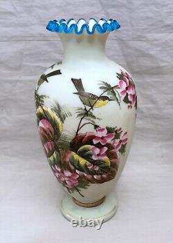 Victorian Art Glass Blue Crest Hand Painted Birds & Flowers Vase 10 1/2