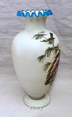 Victorian Art Glass Blue Crest Hand Painted Birds & Flowers Vase 10 1/2