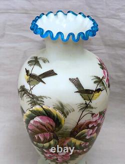 Victorian Art Glass Blue Crest Hand Painted Birds & Flowers Vase 10 1/2