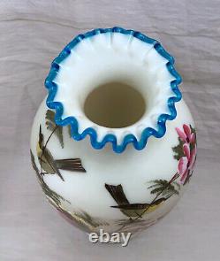 Victorian Art Glass Blue Crest Hand Painted Birds & Flowers Vase 10 1/2