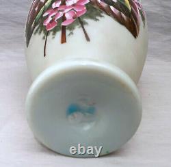 Victorian Art Glass Blue Crest Hand Painted Birds & Flowers Vase 10 1/2