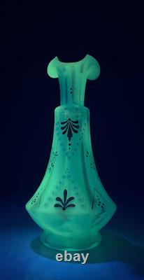 Victorian Blue Opalescent Candy Stripe Rib Hand Enameled Glass Vase