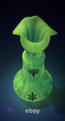 Victorian Blue Opalescent Candy Stripe Rib Hand Enameled Glass Vase