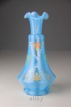 Victorian Blue Opalescent Candy Stripe Rib Hand Enameled Glass Vase