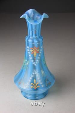 Victorian Blue Opalescent Candy Stripe Rib Hand Enameled Glass Vase