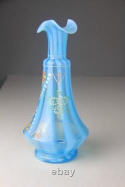 Victorian Blue Opalescent Candy Stripe Rib Hand Enameled Glass Vase