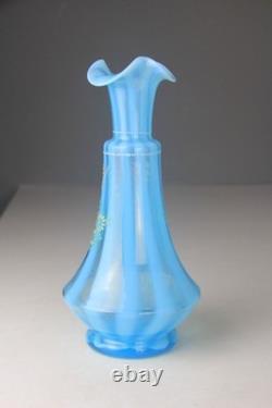 Victorian Blue Opalescent Candy Stripe Rib Hand Enameled Glass Vase