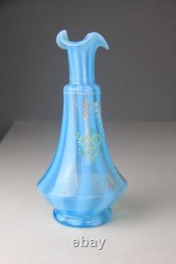 Victorian Blue Opalescent Candy Stripe Rib Hand Enameled Glass Vase