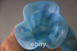Victorian Blue Opalescent Candy Stripe Rib Hand Enameled Glass Vase