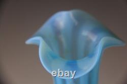 Victorian Blue Opalescent Candy Stripe Rib Hand Enameled Glass Vase