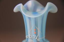 Victorian Blue Opalescent Candy Stripe Rib Hand Enameled Glass Vase
