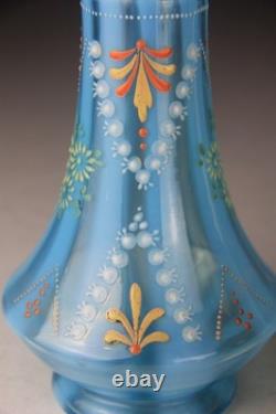 Victorian Blue Opalescent Candy Stripe Rib Hand Enameled Glass Vase