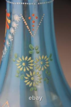 Victorian Blue Opalescent Candy Stripe Rib Hand Enameled Glass Vase